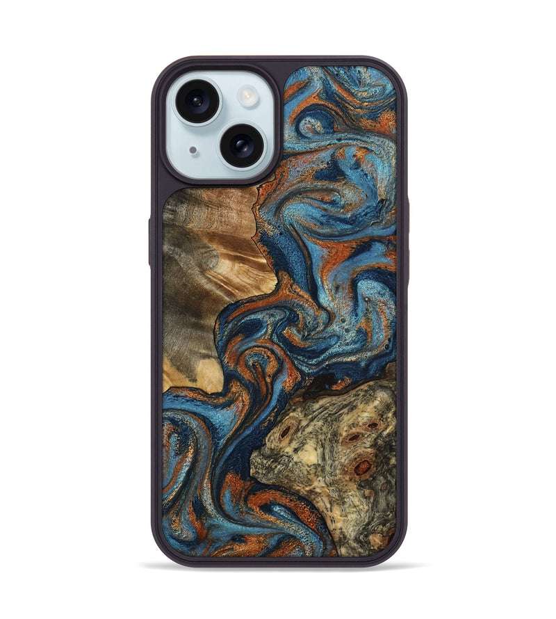 iPhone 15 Wood Phone Case - Laura (Teal & Gold, 799523)