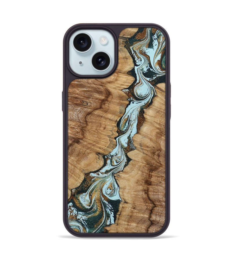 iPhone 15 Wood Phone Case - Jerilyn (Teal & Gold, 799537)