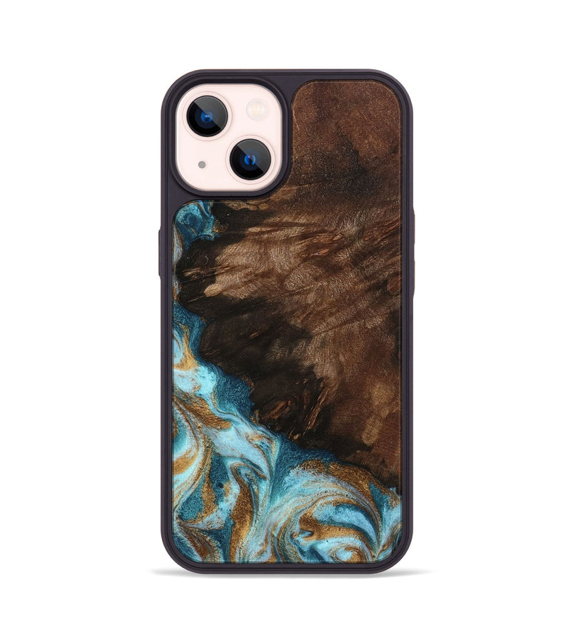 iPhone 14 Wood Phone Case - Madilyn (Teal & Gold, 799625)