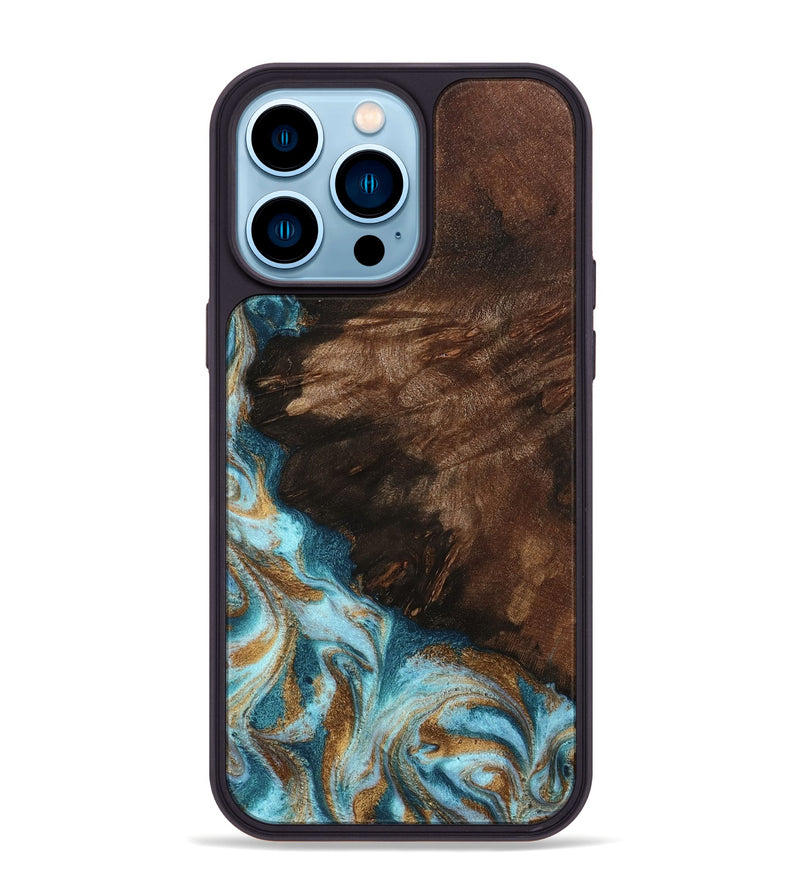 iPhone 14 Pro Max Wood Phone Case - Madilyn (Teal & Gold, 799625)