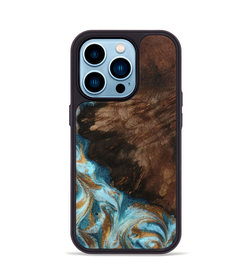 iPhone 14 Pro Wood Phone Case - Madilyn (Teal & Gold, 799625)