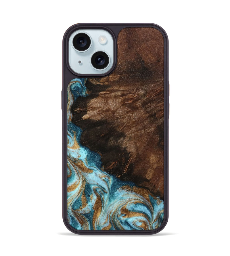 iPhone 15 Wood Phone Case - Madilyn (Teal & Gold, 799625)