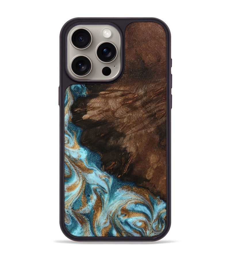 iPhone 15 Pro Max Wood Phone Case - Madilyn (Teal & Gold, 799625)