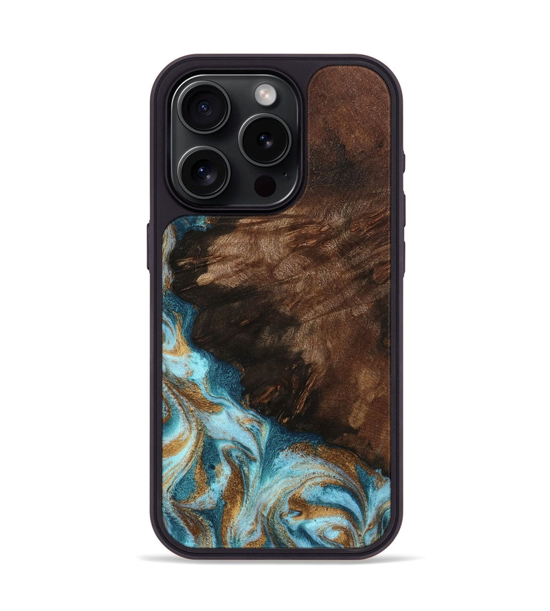 iPhone 15 Pro Wood Phone Case - Madilyn (Teal & Gold, 799625)