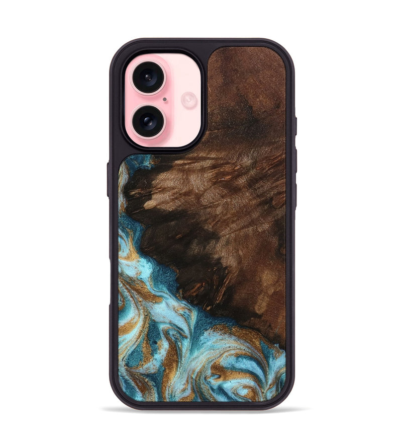 iPhone 16 Wood Phone Case - Madilyn (Teal & Gold, 799625)