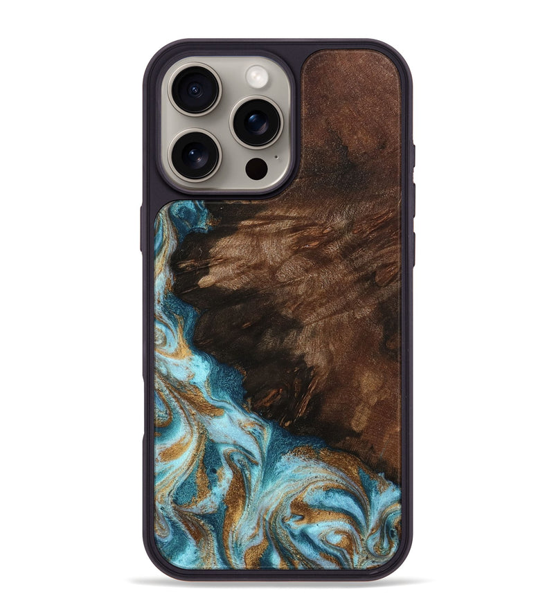 iPhone 16 Pro Max Wood Phone Case - Madilyn (Teal & Gold, 799625)