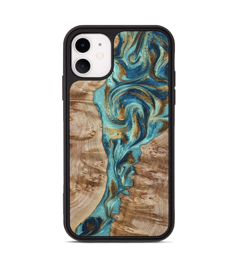 iPhone 11 Wood Phone Case - Sharen (Teal & Gold, 799645)