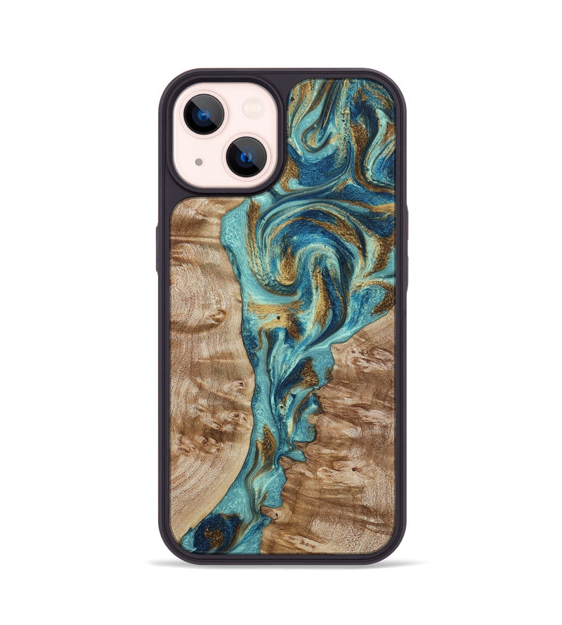 iPhone 14 Wood Phone Case - Sharen (Teal & Gold, 799645)