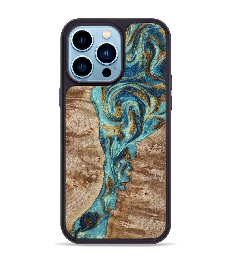 iPhone 14 Pro Max Wood Phone Case - Sharen (Teal & Gold, 799645)