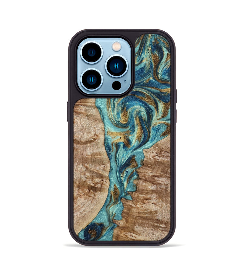 iPhone 14 Pro Wood Phone Case - Sharen (Teal & Gold, 799645)