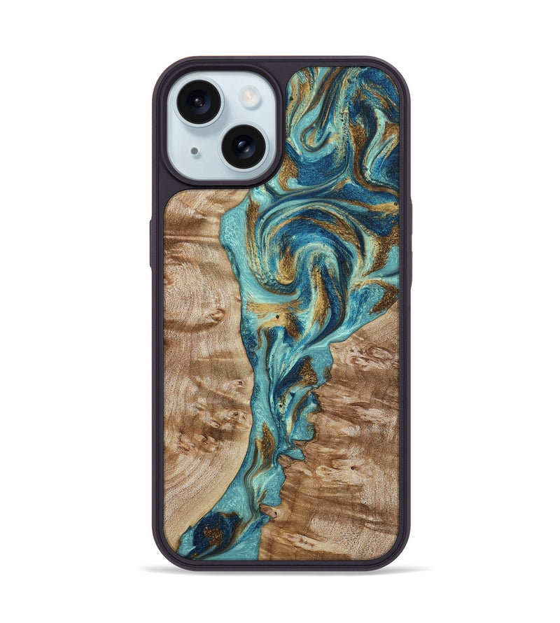 iPhone 15 Wood Phone Case - Sharen (Teal & Gold, 799645)