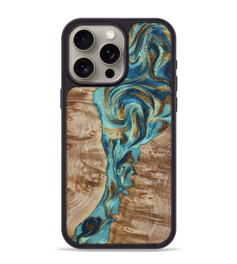 iPhone 15 Pro Max Wood Phone Case - Sharen (Teal & Gold, 799645)