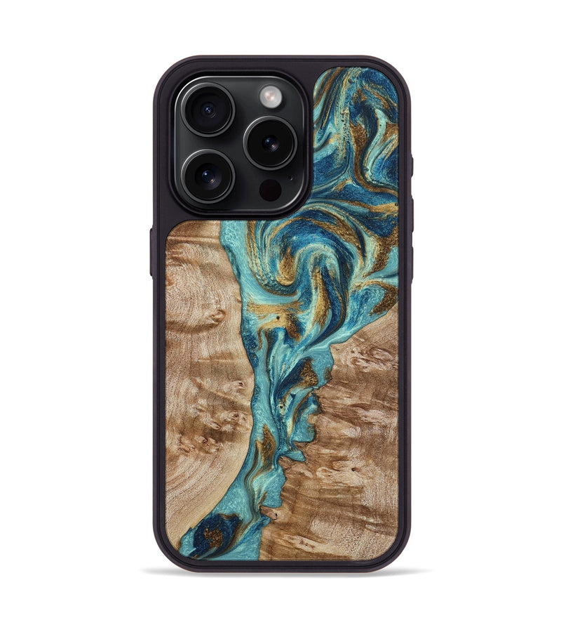 iPhone 15 Pro Wood Phone Case - Sharen (Teal & Gold, 799645)