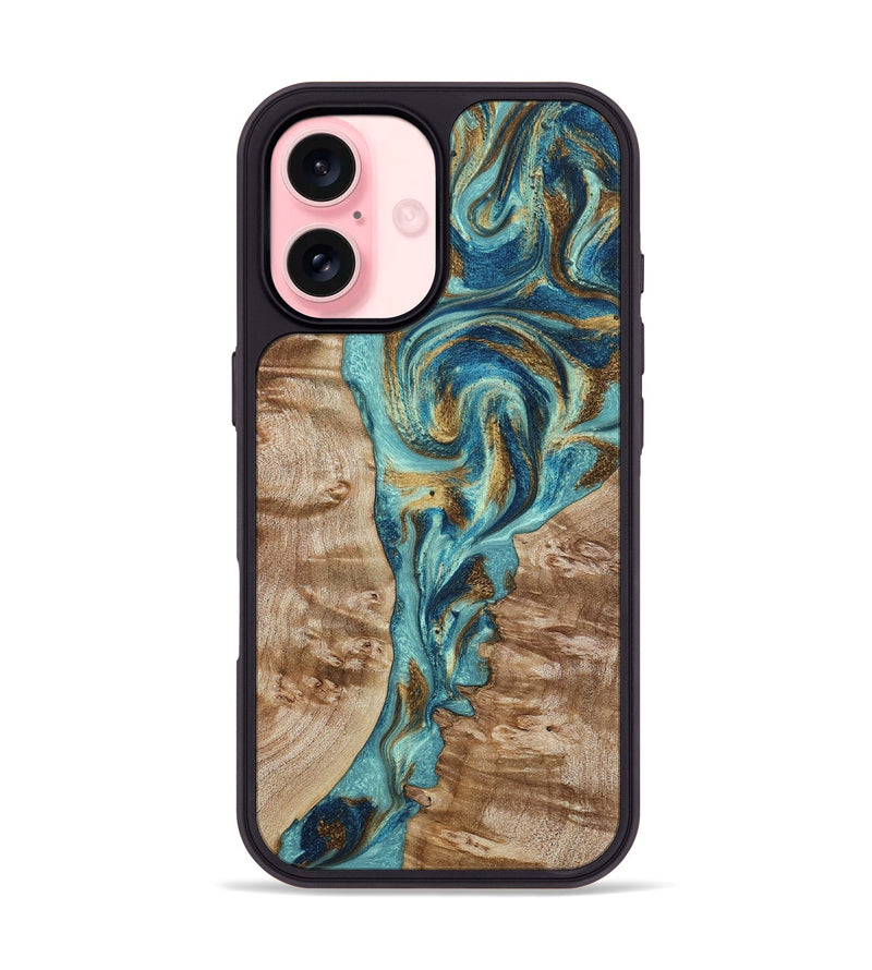 iPhone 16 Wood Phone Case - Sharen (Teal & Gold, 799645)