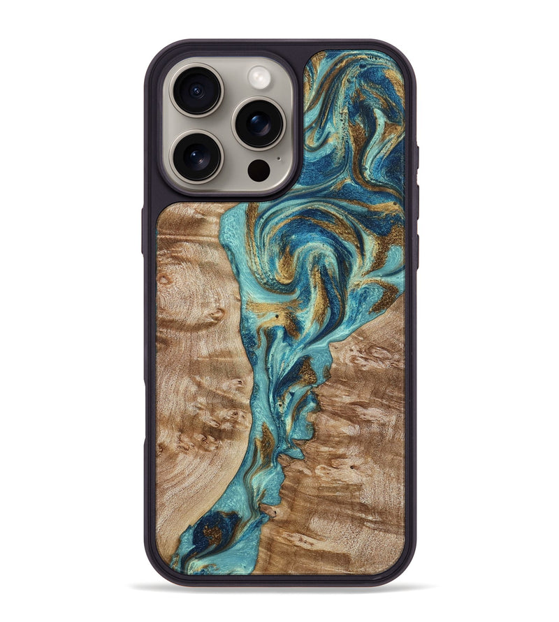 iPhone 16 Pro Max Wood Phone Case - Sharen (Teal & Gold, 799645)