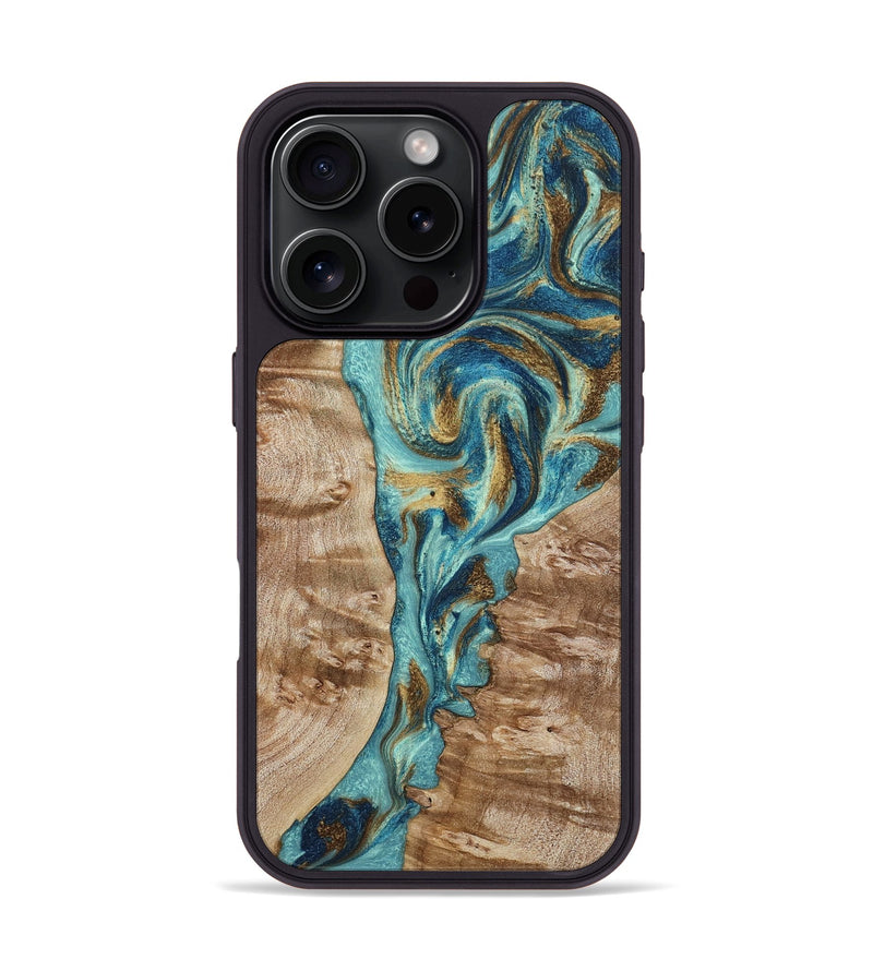iPhone 16 Pro Wood Phone Case - Sharen (Teal & Gold, 799645)