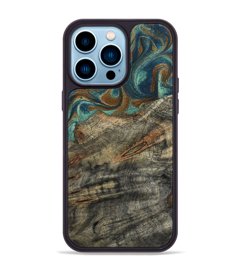 iPhone 14 Pro Max Wood Phone Case - Malcolm (Teal & Gold, 799646)
