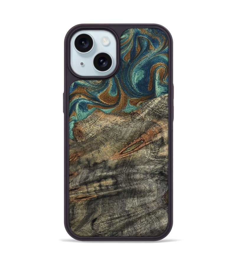 iPhone 15 Wood Phone Case - Malcolm (Teal & Gold, 799646)