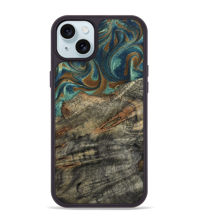 iPhone 15 Plus Wood Phone Case - Malcolm (Teal & Gold, 799646)