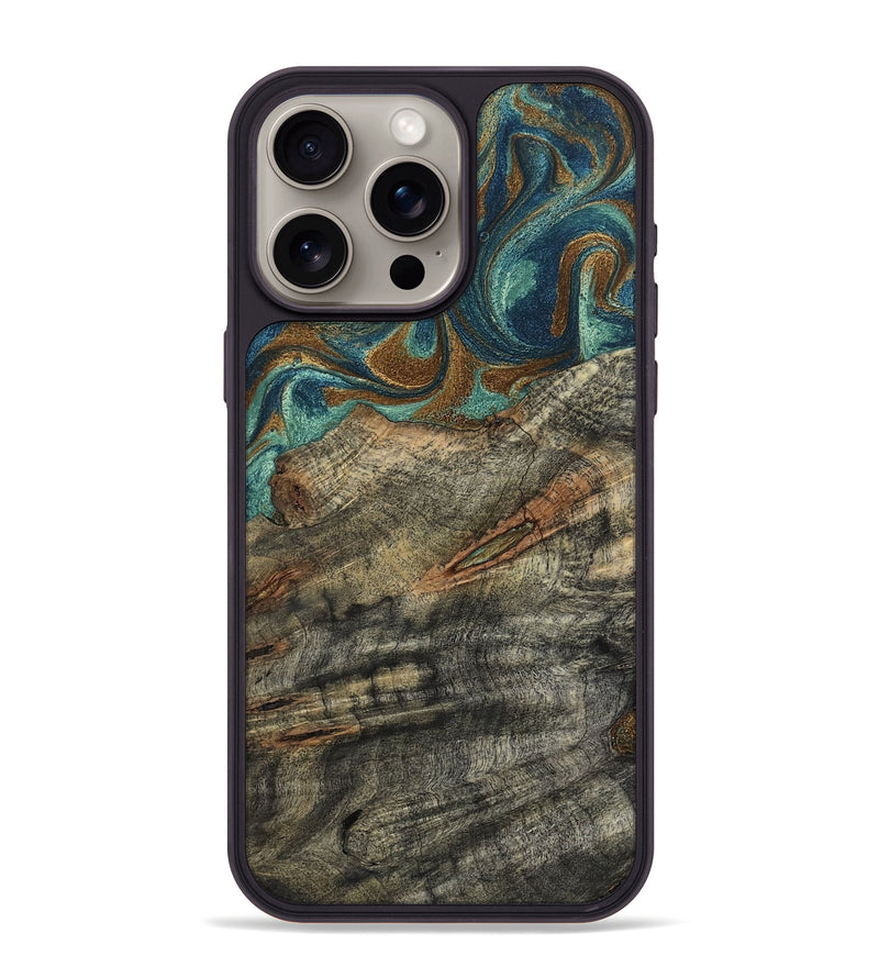 iPhone 15 Pro Max Wood Phone Case - Malcolm (Teal & Gold, 799646)