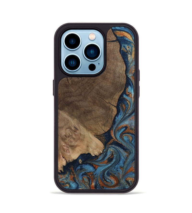 iPhone 14 Pro Wood Phone Case - Zyair (Teal & Gold, 799647)