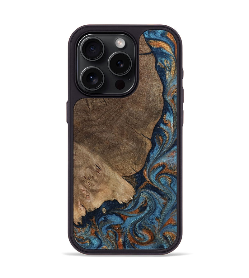 iPhone 15 Pro Wood Phone Case - Zyair (Teal & Gold, 799647)