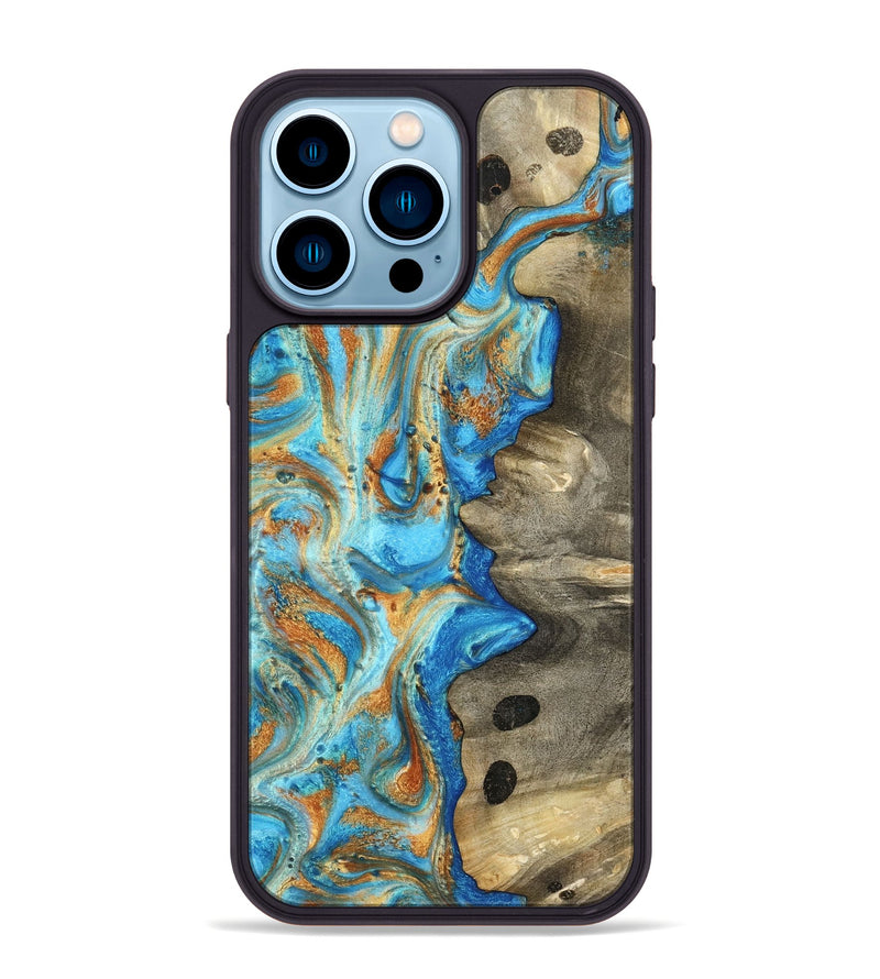 iPhone 14 Pro Max Wood Phone Case - Maritza (Teal & Gold, 799648)