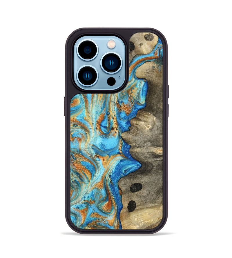 iPhone 14 Pro Wood Phone Case - Maritza (Teal & Gold, 799648)