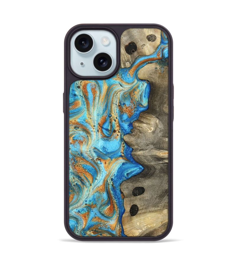 iPhone 15 Wood Phone Case - Maritza (Teal & Gold, 799648)