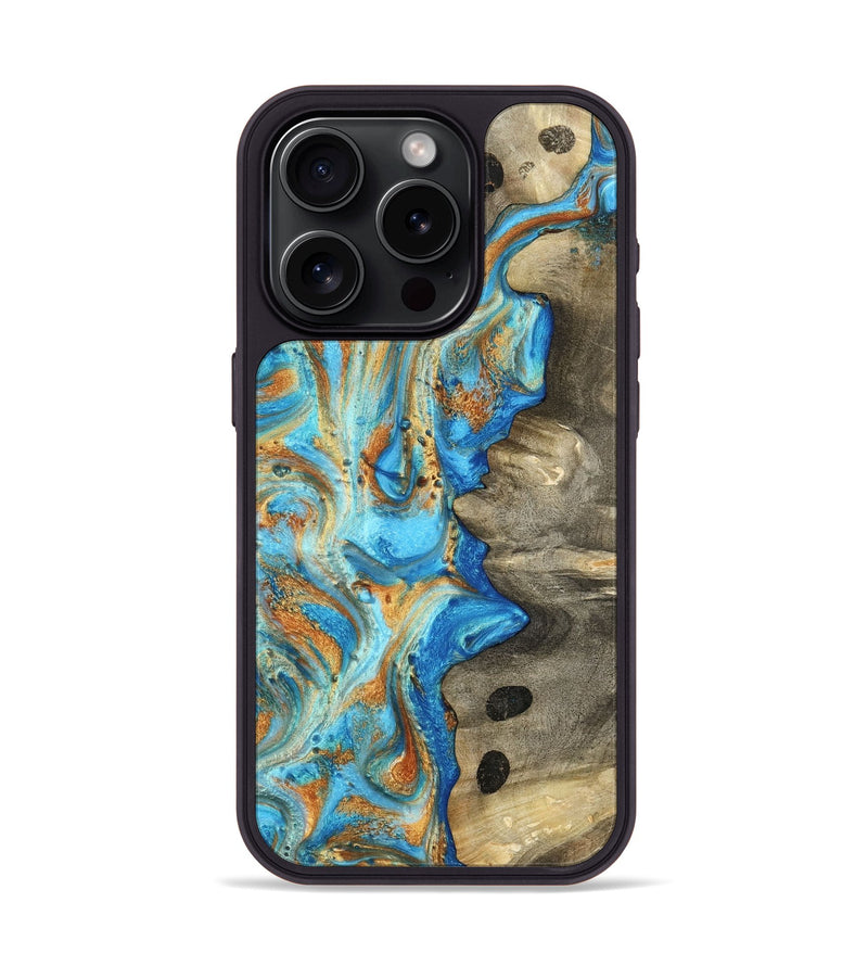 iPhone 15 Pro Wood Phone Case - Maritza (Teal & Gold, 799648)