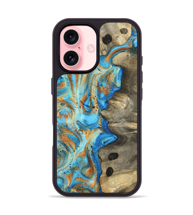 iPhone 16 Wood Phone Case - Maritza (Teal & Gold, 799648)