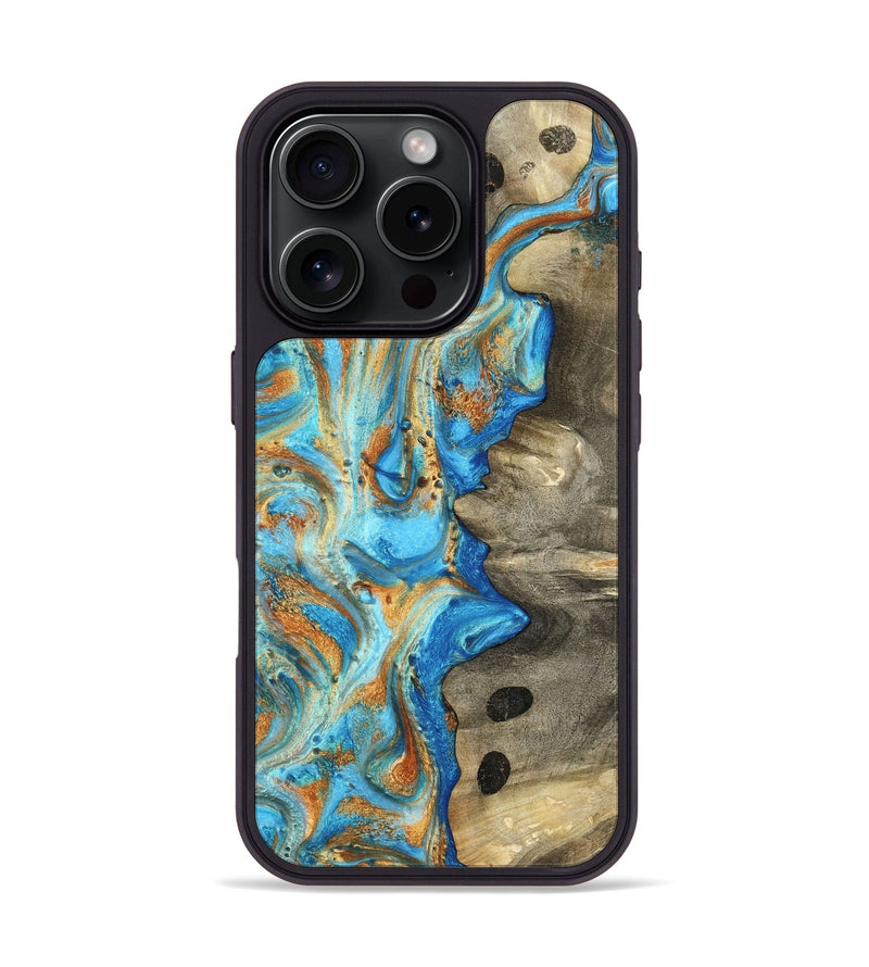 iPhone 16 Pro Wood Phone Case - Maritza (Teal & Gold, 799648)