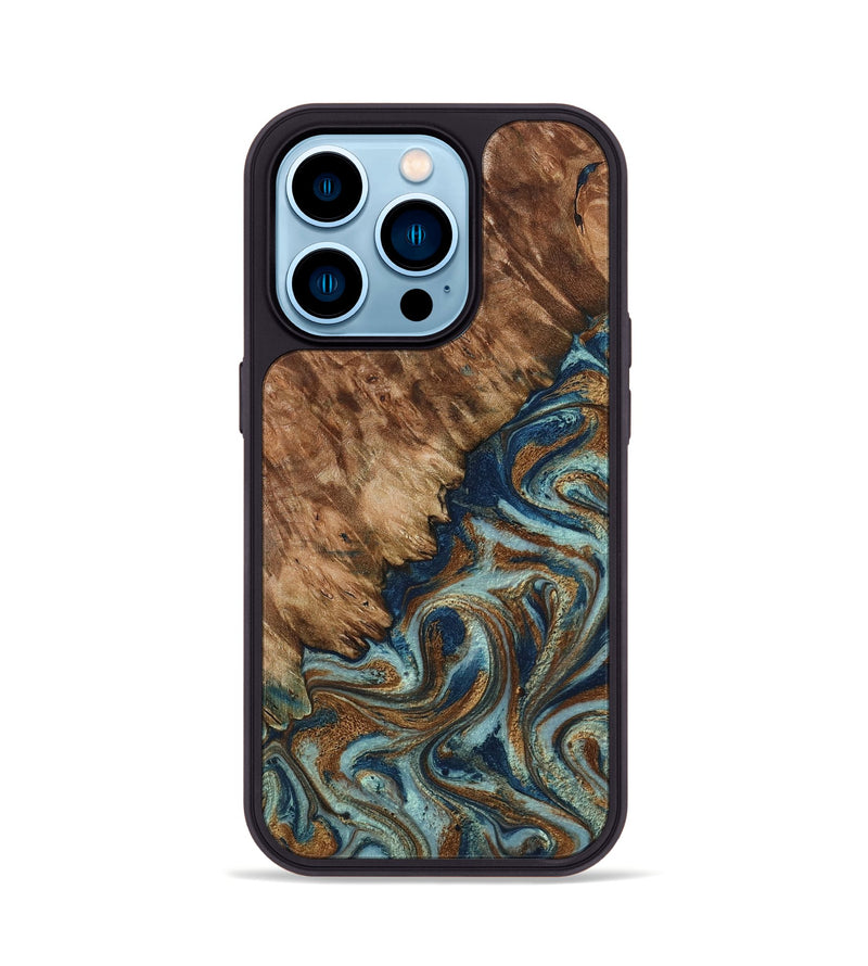 iPhone 14 Pro Wood Phone Case - Ailani (Teal & Gold, 799650)