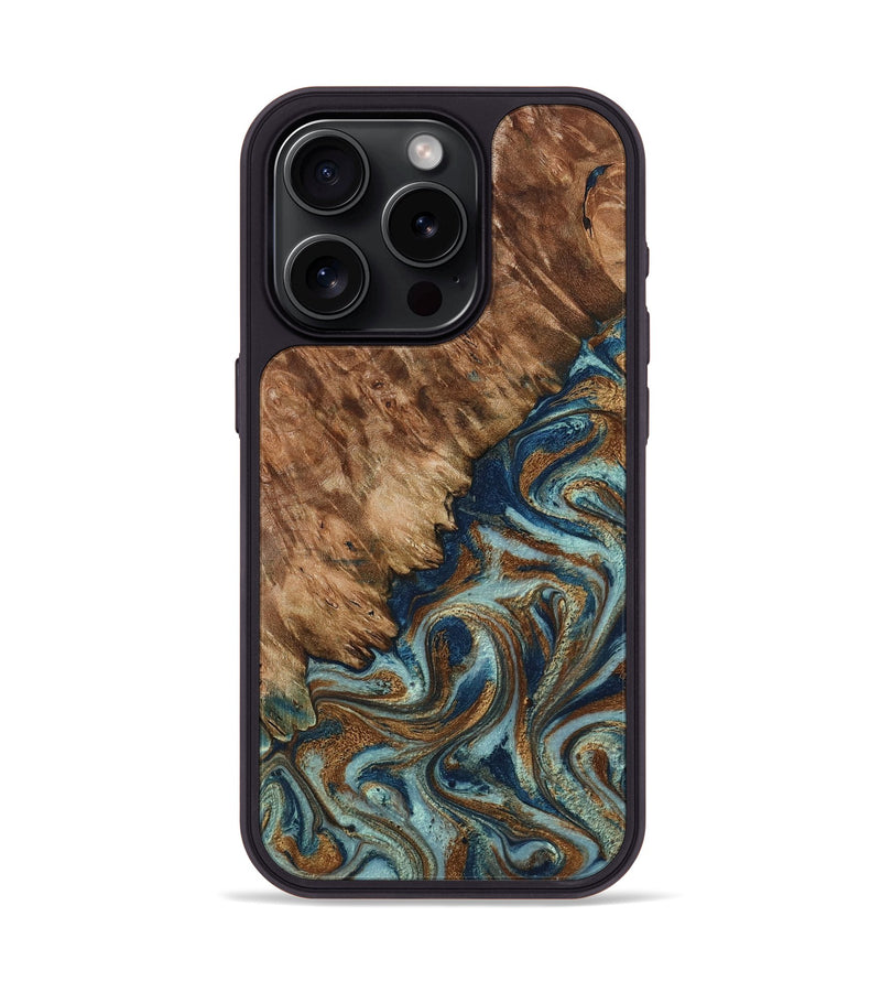 iPhone 15 Pro Wood Phone Case - Ailani (Teal & Gold, 799650)