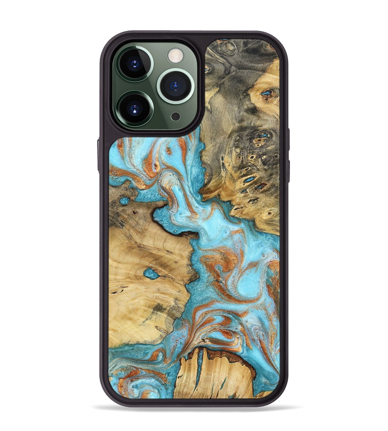 iPhone 13 Pro Max Wood Phone Case - Damari (Teal & Gold, 799652)