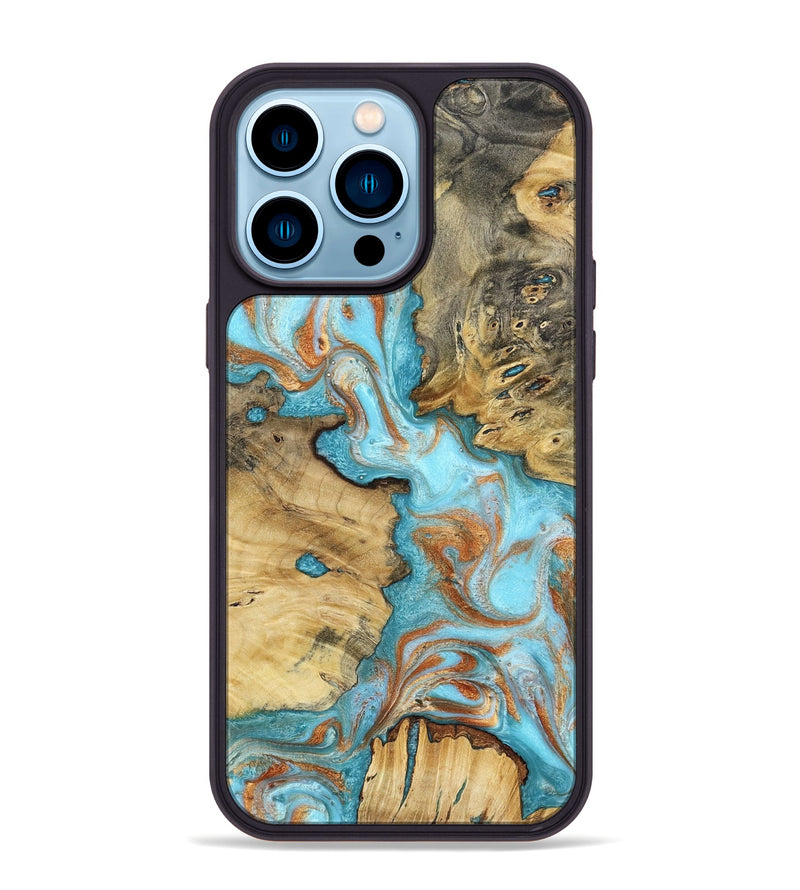 iPhone 14 Pro Max Wood Phone Case - Damari (Teal & Gold, 799652)