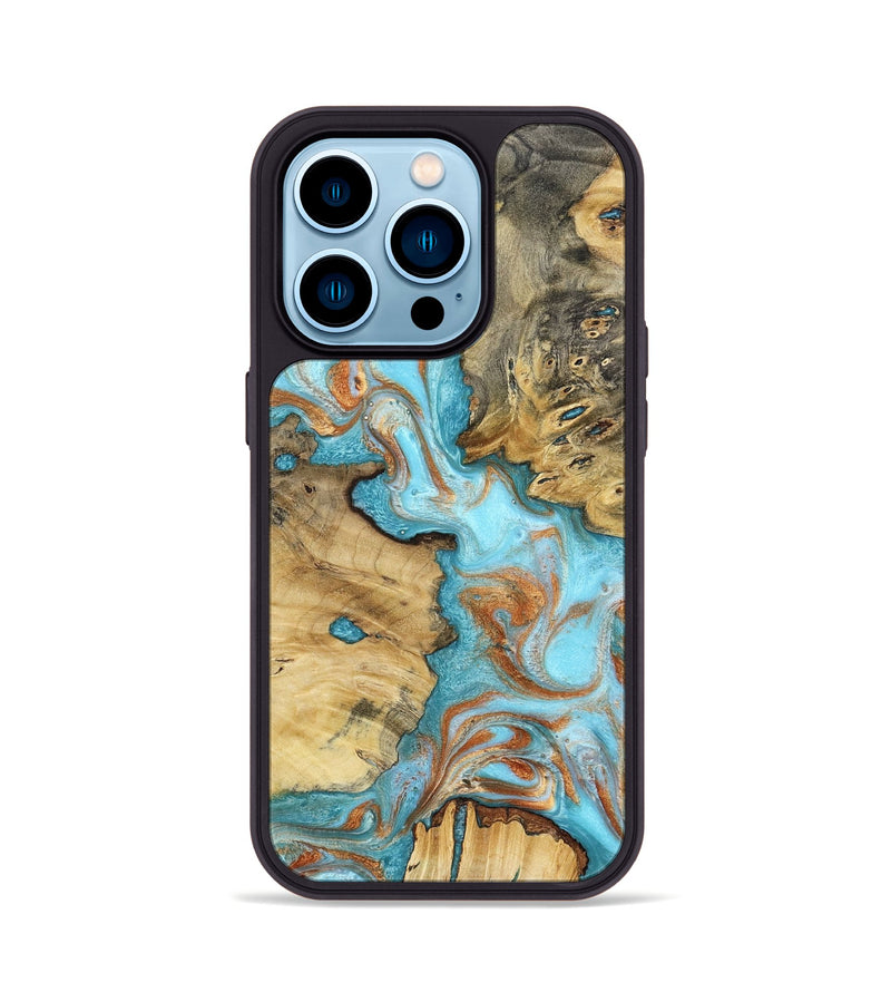 iPhone 14 Pro Wood Phone Case - Damari (Teal & Gold, 799652)