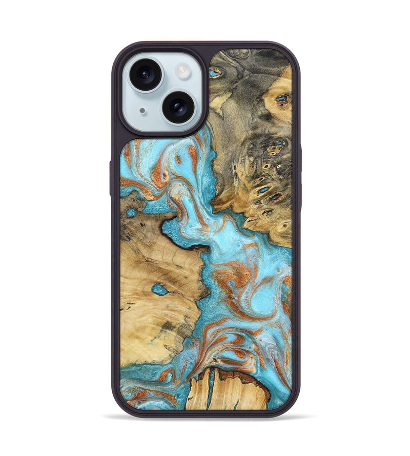 iPhone 15 Wood Phone Case - Damari (Teal & Gold, 799652)