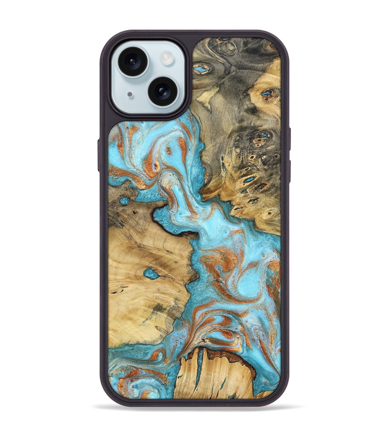iPhone 15 Plus Wood Phone Case - Damari (Teal & Gold, 799652)