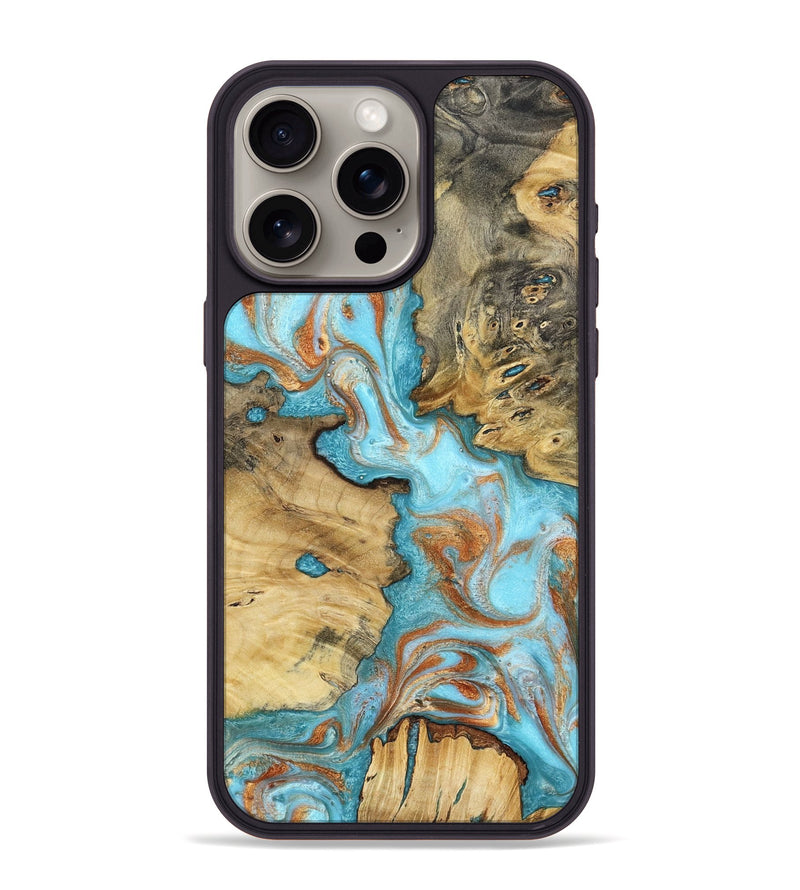 iPhone 15 Pro Max Wood Phone Case - Damari (Teal & Gold, 799652)