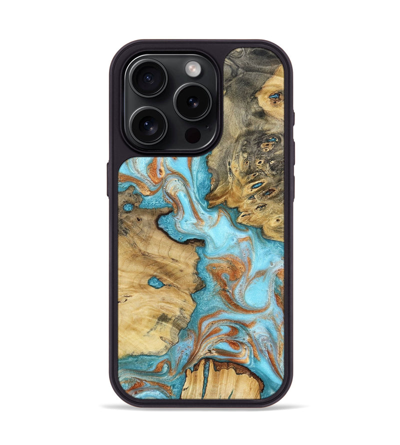 iPhone 15 Pro Wood Phone Case - Damari (Teal & Gold, 799652)