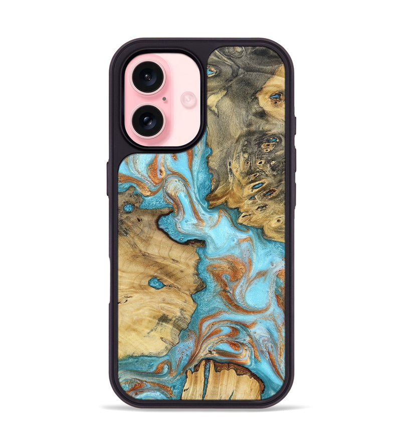 iPhone 16 Wood Phone Case - Damari (Teal & Gold, 799652)