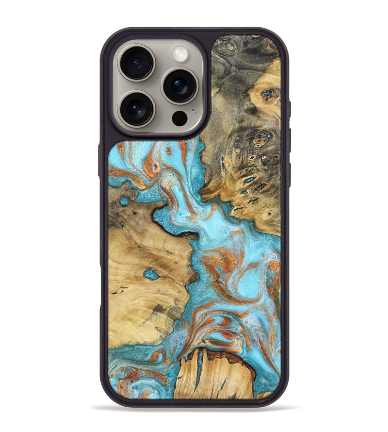 iPhone 16 Pro Max Wood Phone Case - Damari (Teal & Gold, 799652)