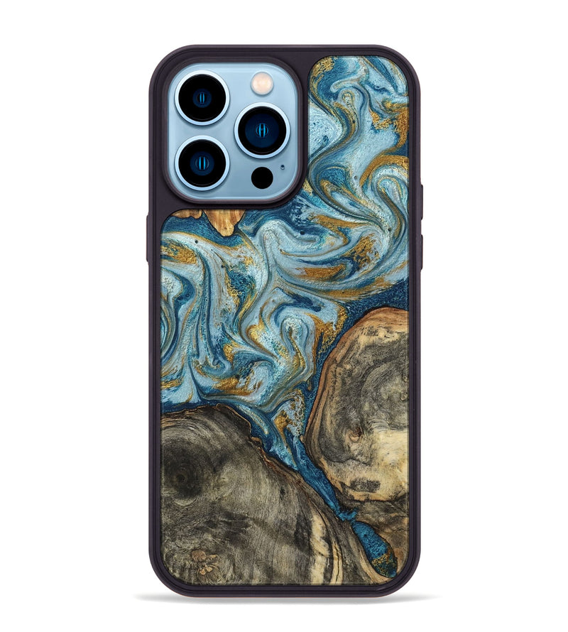 iPhone 14 Pro Max Wood Phone Case - Joselyn (Teal & Gold, 799654)