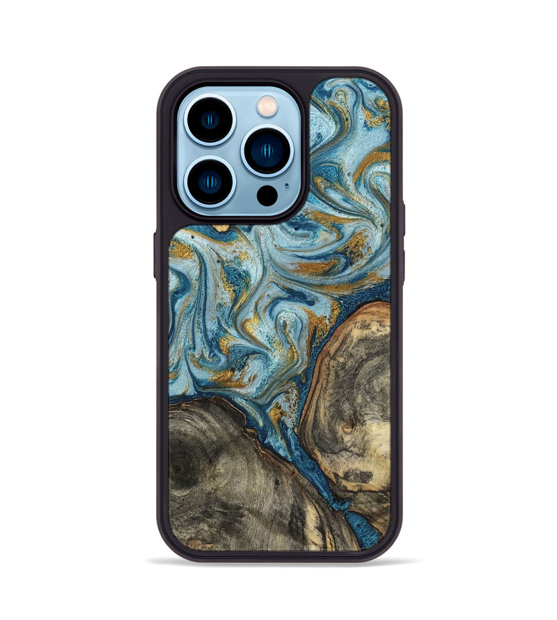iPhone 14 Pro Wood Phone Case - Joselyn (Teal & Gold, 799654)