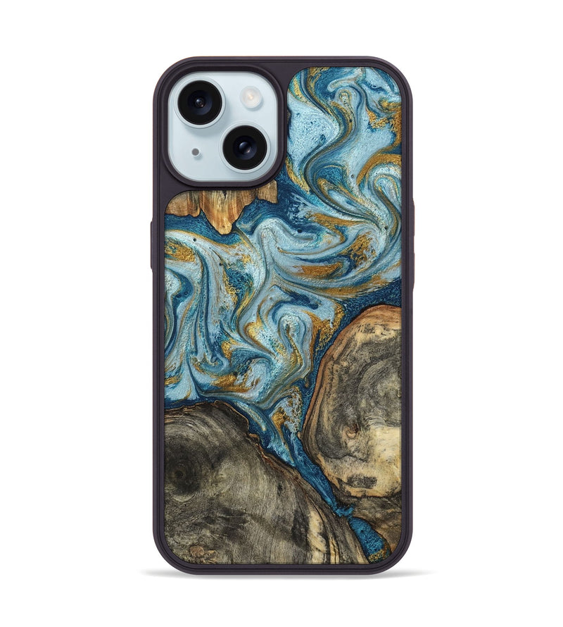 iPhone 15 Wood Phone Case - Joselyn (Teal & Gold, 799654)