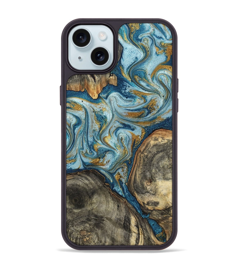 iPhone 15 Plus Wood Phone Case - Joselyn (Teal & Gold, 799654)