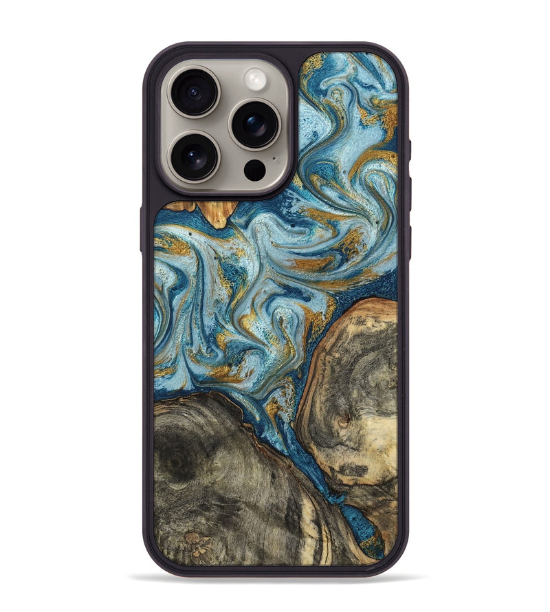 iPhone 15 Pro Max Wood Phone Case - Joselyn (Teal & Gold, 799654)