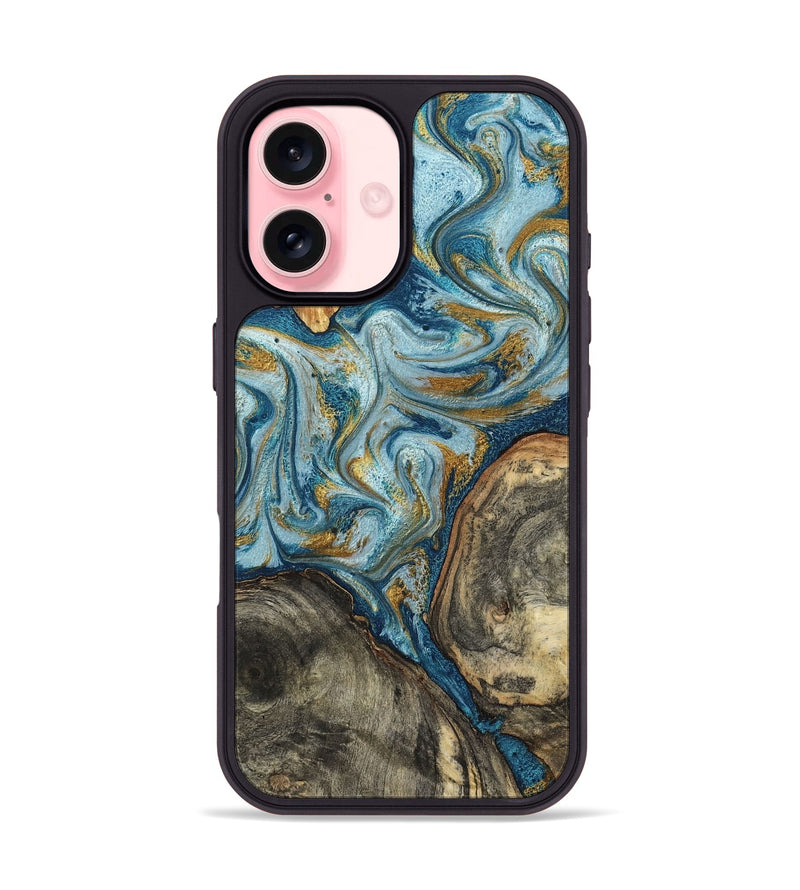 iPhone 16 Wood Phone Case - Joselyn (Teal & Gold, 799654)