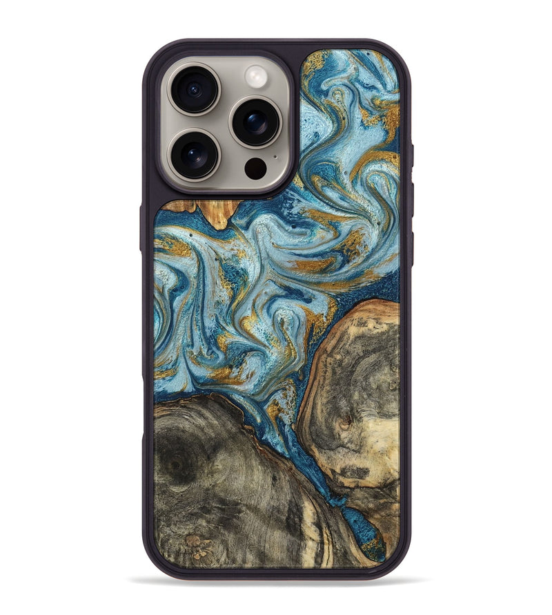iPhone 16 Pro Max Wood Phone Case - Joselyn (Teal & Gold, 799654)